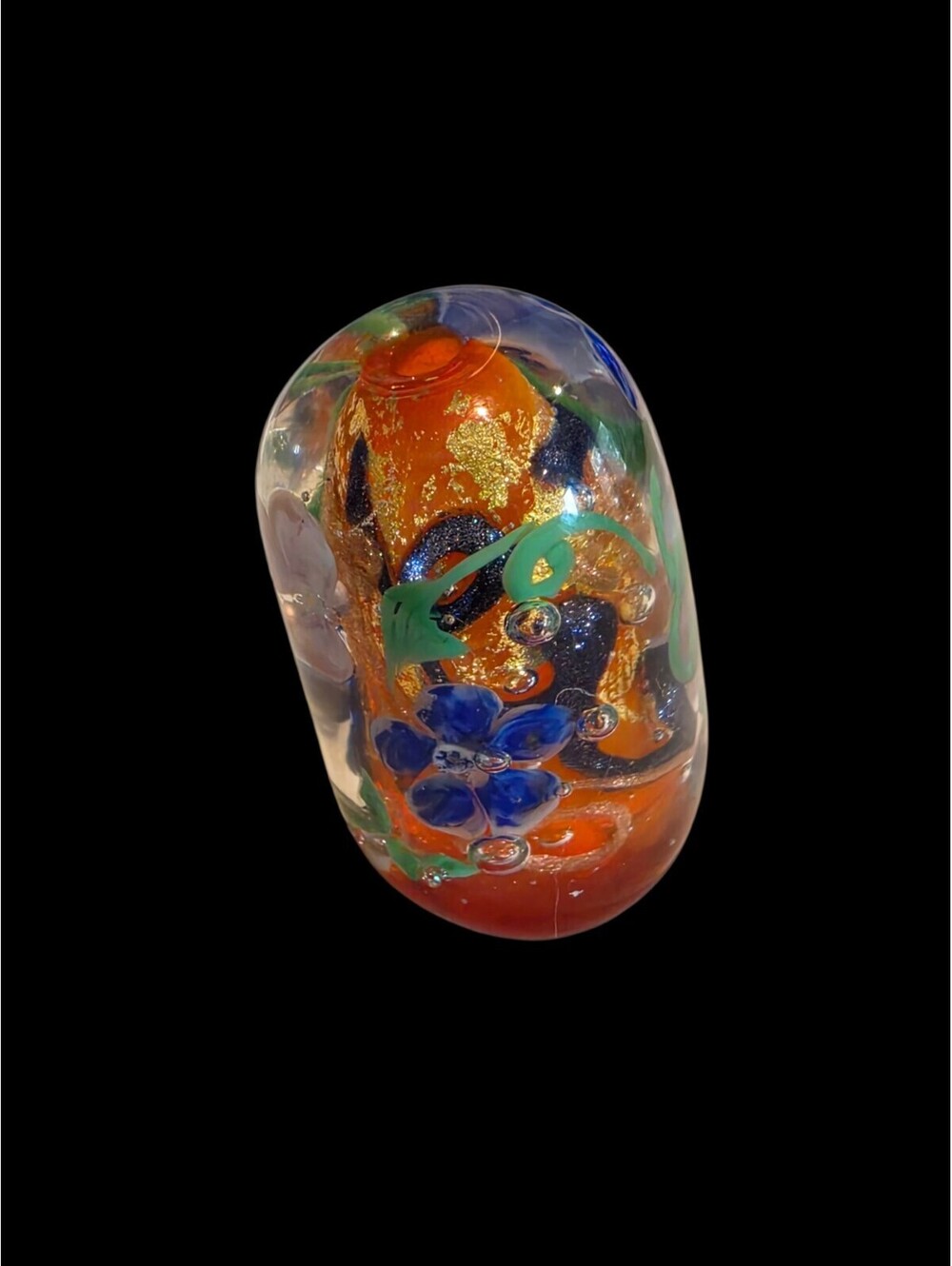 Artisan Lampwork Glass Focal Bead Gold Foil Aventurine Orange Blue Floral Oval